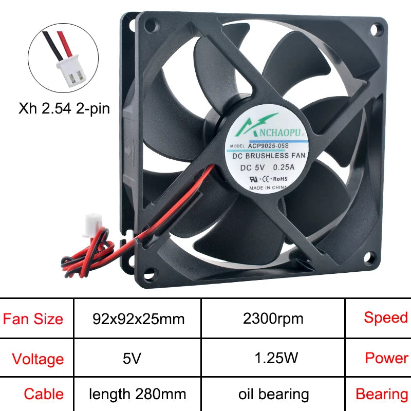 ACP9025 92x92x25mm Axial Cooling Fan DC5V/12V/24V 2Pin for Chassis Power Supply Inverter Cooling High Airflow Quiet Operation