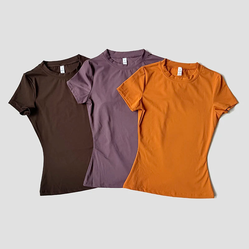 Women Solid Color Dry Fit Short Sleeve Crew Neck Athletic T-Shirt Fashion Casual Tee Suitable For Daily Running Workout Gym Top