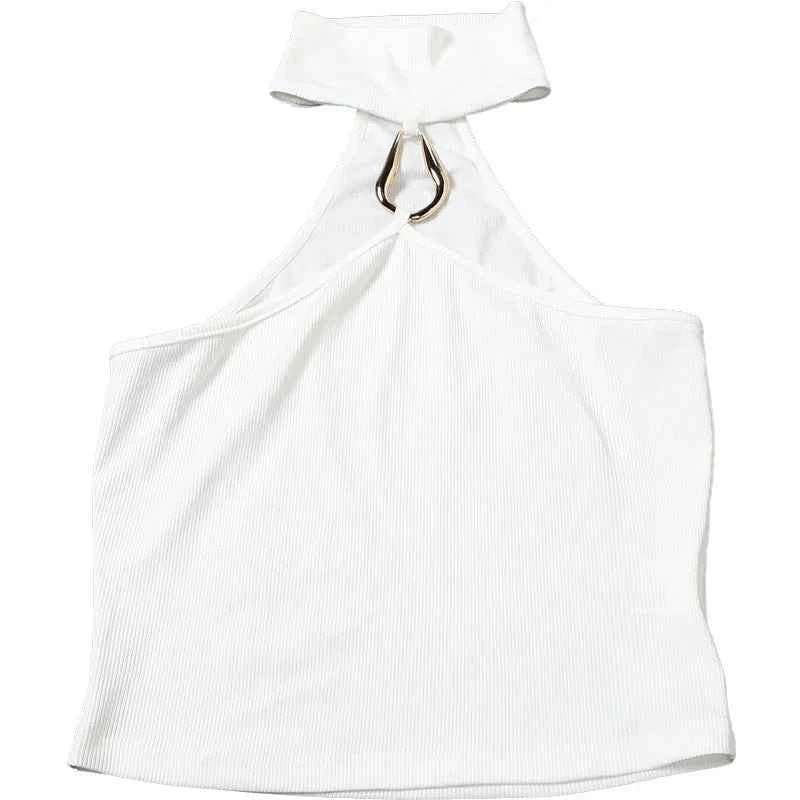 Metal Buckle Decoration Tank Tops Women Turtleneck Off Shoulder Skinny Stretch Street Fashion Wild Style Solid Outfits