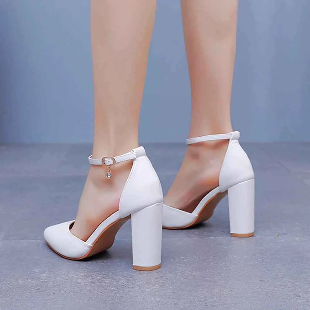 Crystal Queen Women 7CM Thick High Heels Sexy Pumps White Wedding Bride Shoes Pointed Toe Buckle Strap Sandals