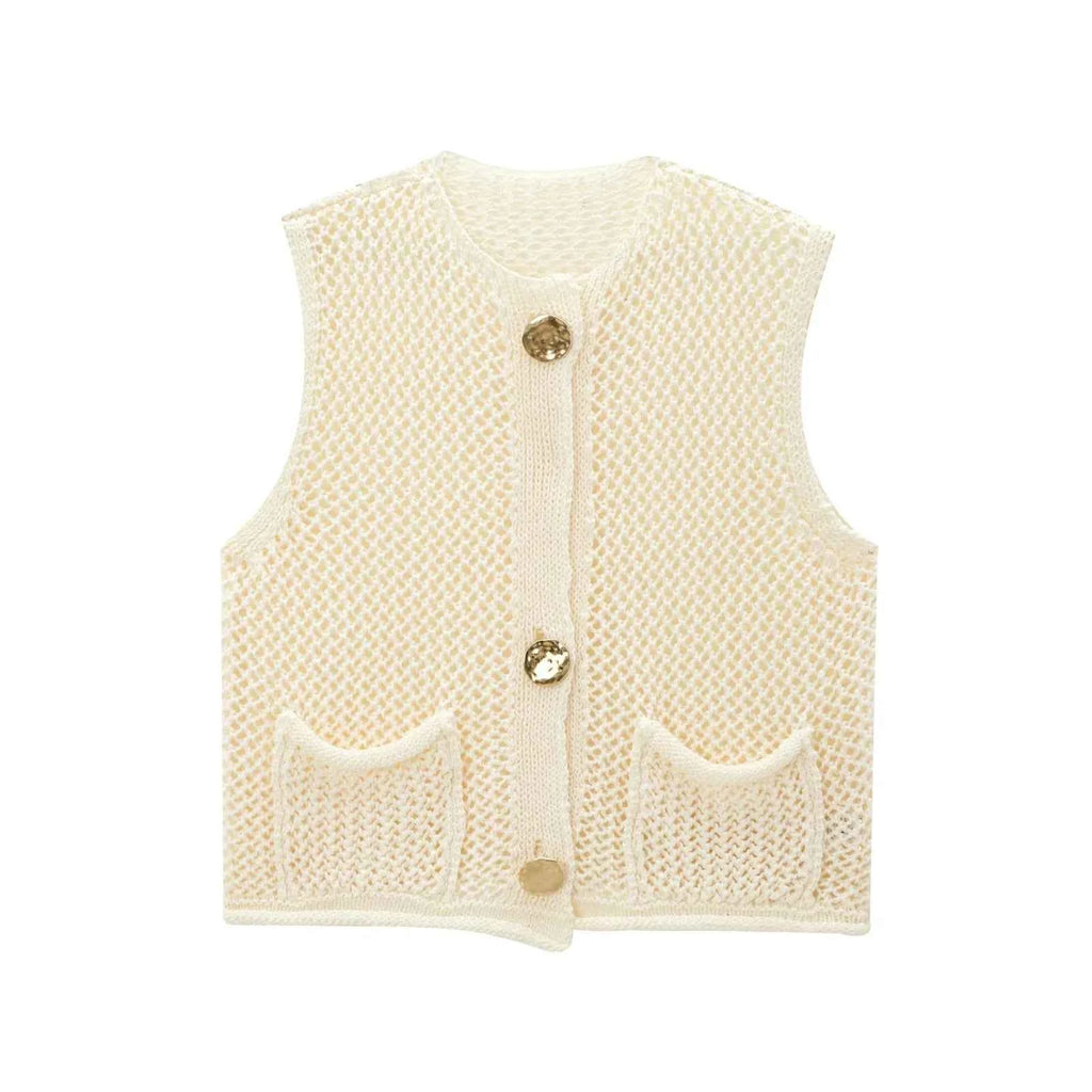 Women Fashion Sleeveless Coarse Needle Knitting Vest Sweater Female Chic Big Pockets Patch Buttons Cardigan Waistcoat Tops