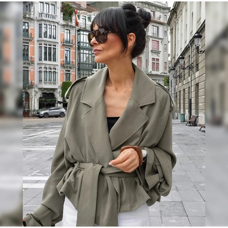 Cropped Lace-up Blue Casual Trench Coat Women Lapel Long Sleeve Wide Shoulder Windbreaker Jacket Fall Commute Daily Streetwear