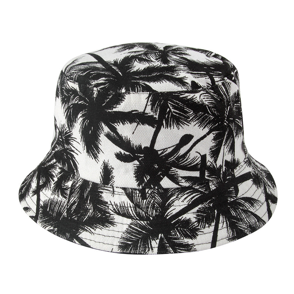 Unisex Reversible Double Sided Black Coconut Tree Printed Fisherman Caps Bucket Hats Men Women Outdoor Travel Visor Hiking Hat