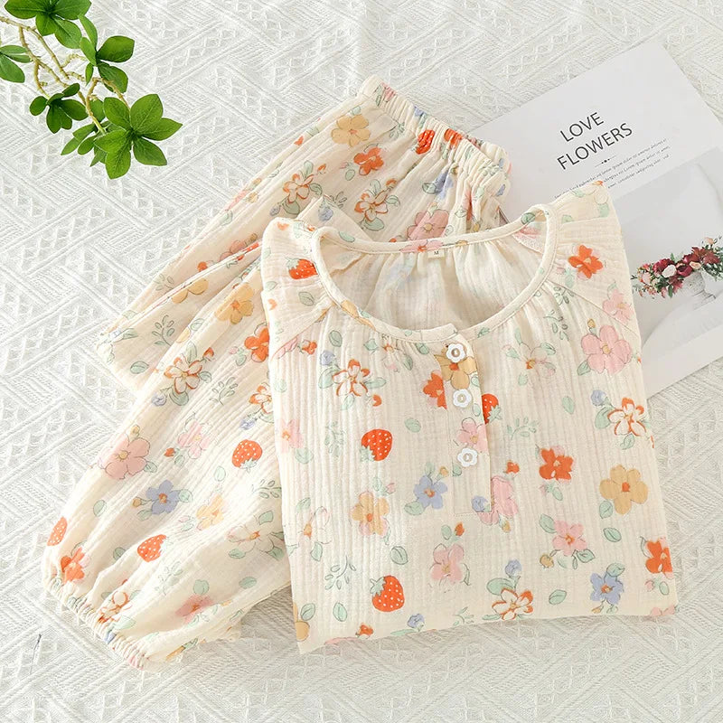 2023Women's Pajamas Pure Cotton Women's Long sleeved Pants Round Neck Loose Homewear Small Fower Print Baby Cotton Sleepwear Set