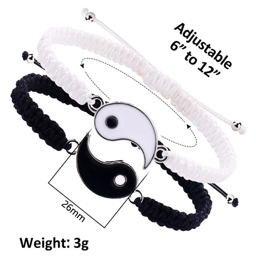 1 Set of 2 Simple Tai Chi Bagua Black and White Yin and Yang Rope Braided Telescopic Adjustment Bracelet for Men and Women Coupl