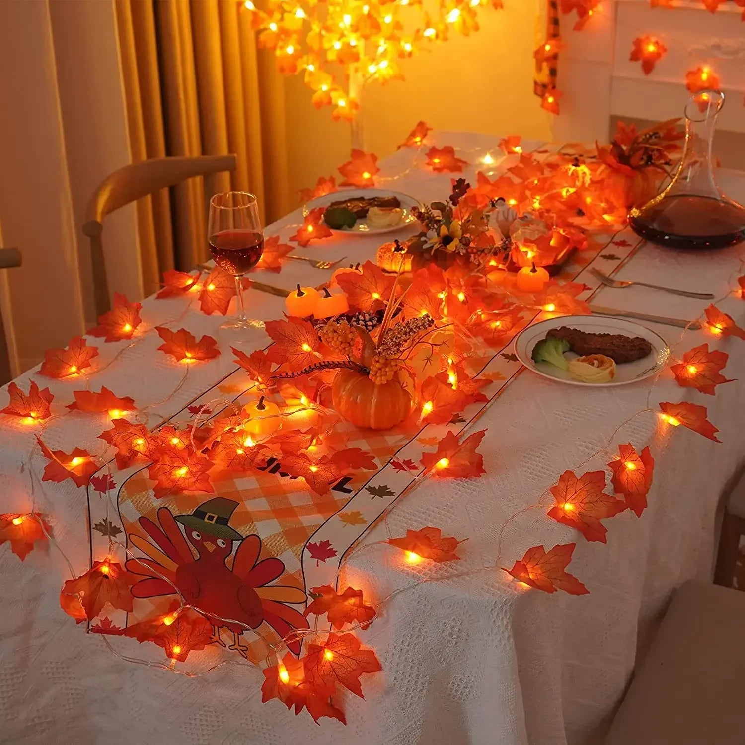 Indoor Home Autumn Harvest Festival Decor 1PC 3D Pumpkin & Maple Leaves String Lights Halloween Thanksgiving Decor Lamp