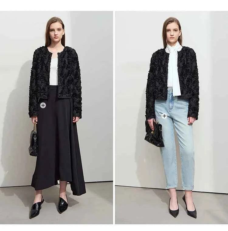 AMII Minimalism Short Jacket Women 2025 Autumn New Elegant Romantic Stereoscopic Flower O-Neck Hook Button Outwear Coat 12521066