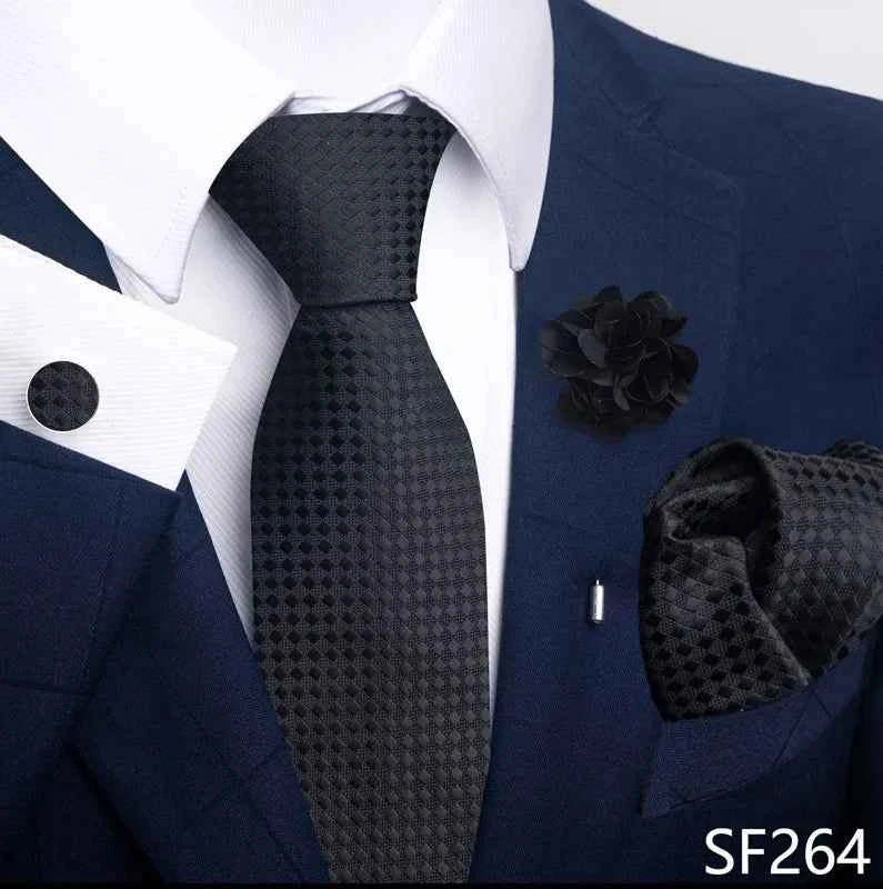 Luxury Mens Ties Floral Black Gold Ties Paisley NeckTie Pocket Square Cufflinks Brooch Set Men's Wedding Party Tie