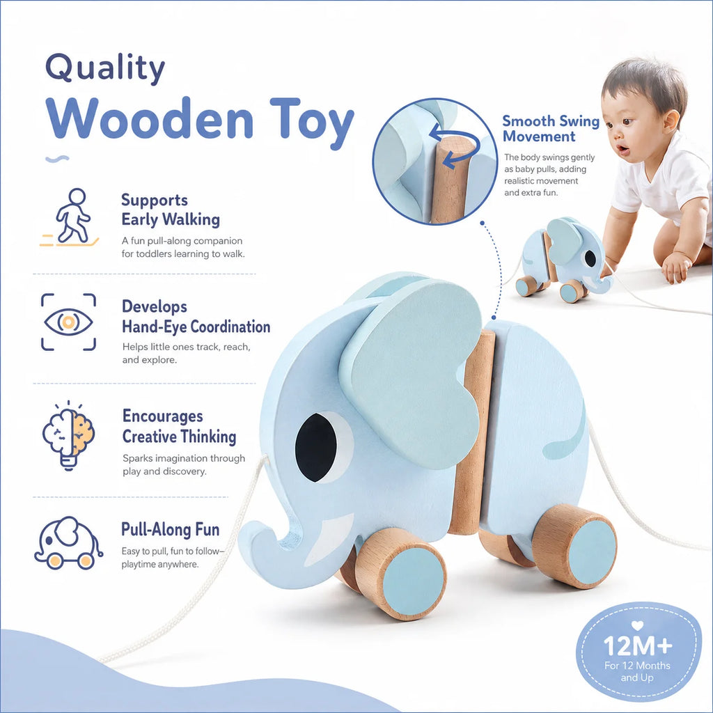 Wooden Children's Elephant Pulling Rope Cart, Towing Toys, Baby Boy and Baby Girl Toddler, Children's Gifts, Early Education Toy