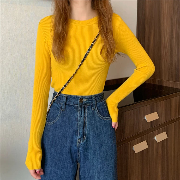 2026 New Women Sweater Autumn Winter Long Sleeve Pullover Basic Top Fashion O-neck Elastic Female Winter Solid Knitted Jumper