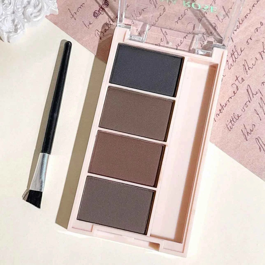 A set of 4-color eyebrow powder trays with brushes in gray and brown matte tones for long-lasting color rendering, filling and s