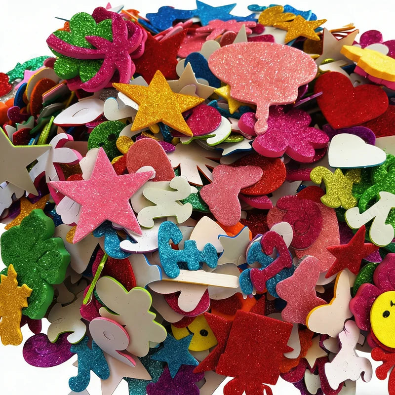 100PCS Glitter Foam Stickers Assorted Shapes Self-Adhesive Craft Stickers for Kids DIY Scrapbooking Card Making Classroom Decor