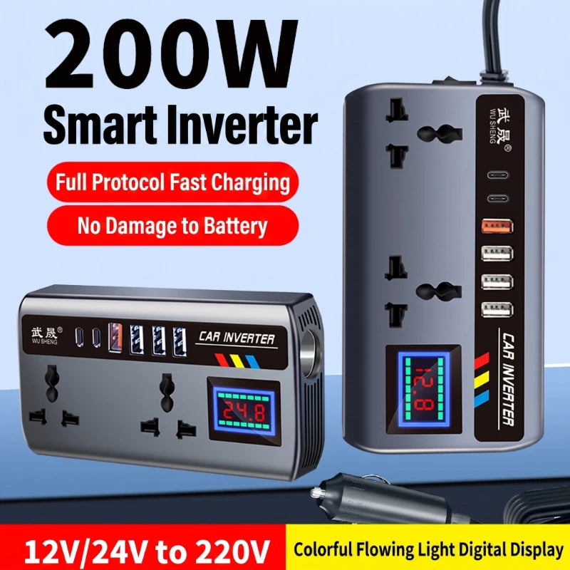 car power inverter Color Name Car Power Inverter 200W 12V/24V With AC Outlet & 4 USB Ports