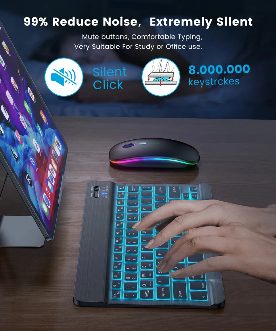 Mini Backlit RGB 10inch Bluetooth Keyboard Wireless Mouse Rechargeable for Spanish Russian Hebrew Korean French Arabic Portugal
