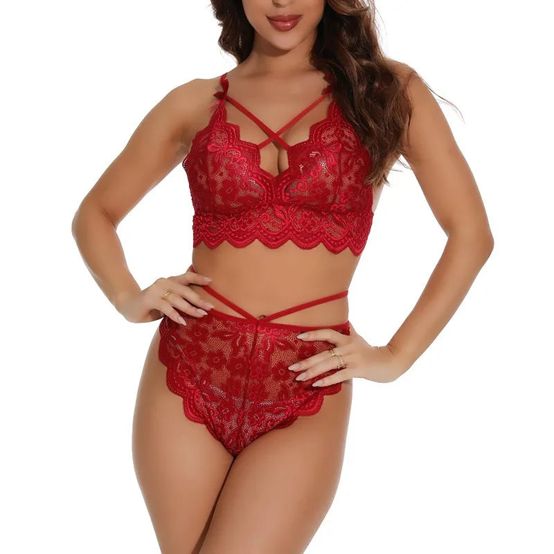 Hot Perspective Sexy Lingerie Women Lace Bra Cross Belt Brief Sets Sexy Underwear Set Erotic Lingerie Sleepwear For Woman 2022