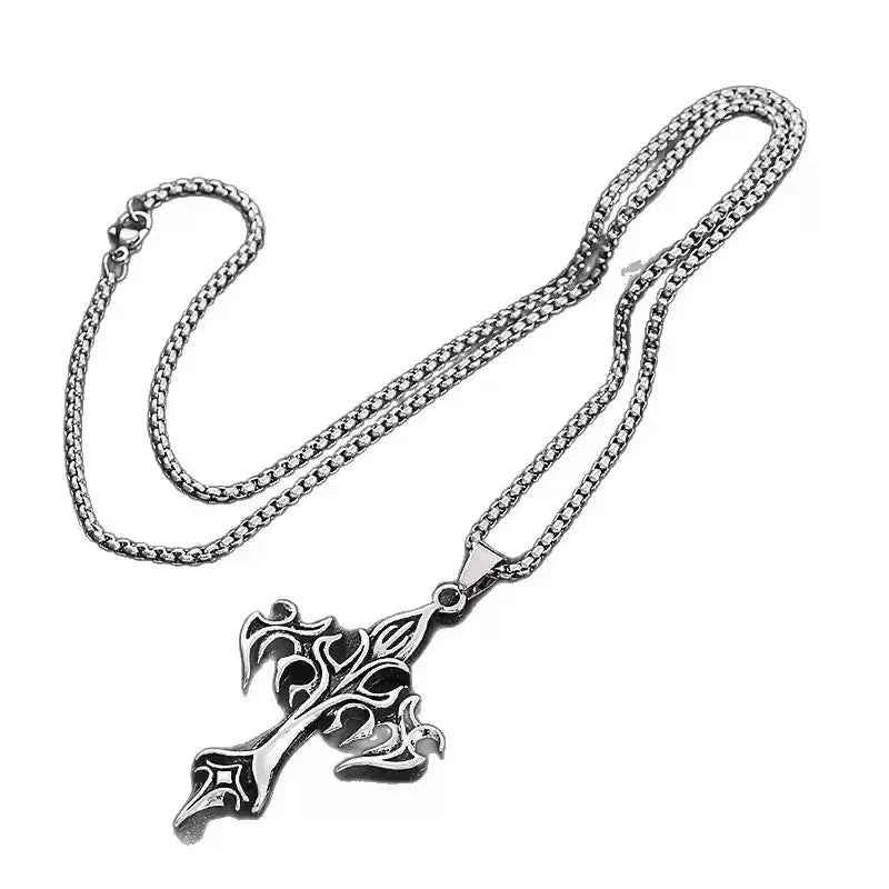 1PCS Fashion Retro Flame Cross Pendant Necklace Men's and Women's Long Chain Punk Gothic Fashion Accessories