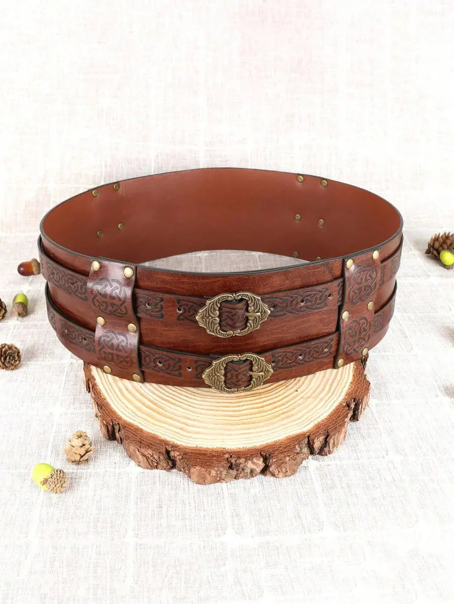 Renaissance Viking Embossed Wide Belt Medieval Faux Leather Armor Belt Medieval Wide Belt for Men PU Leather Costume Accessory