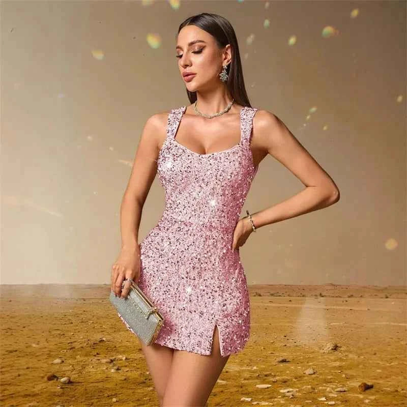 Women Low Slit Dresses Summer Shiny Sequins Evening Dress Sexy Elegant Party Dresses Cocktail Short Birthday Prom Dresses XSY225