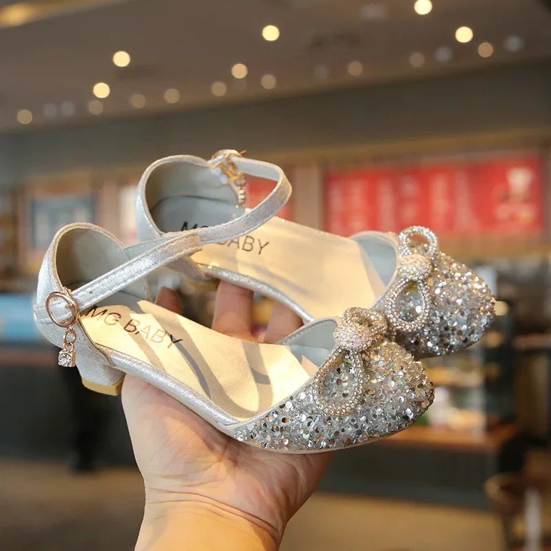 Girls High Heels for Kids Party Wedding Evening Dress Shoes 2026 Fashion Crystal Summer Princess Stockings Girl Sandals E02165