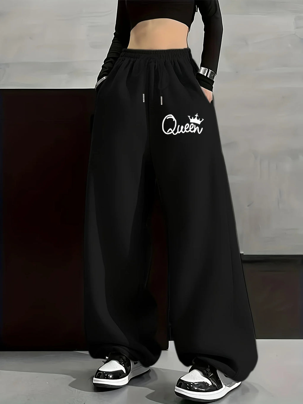 Women's Plus-size Street Style Casual Sweatpants with Personality Print Autumn and Winter Fleece Loose Fit Streetwear Oversized
