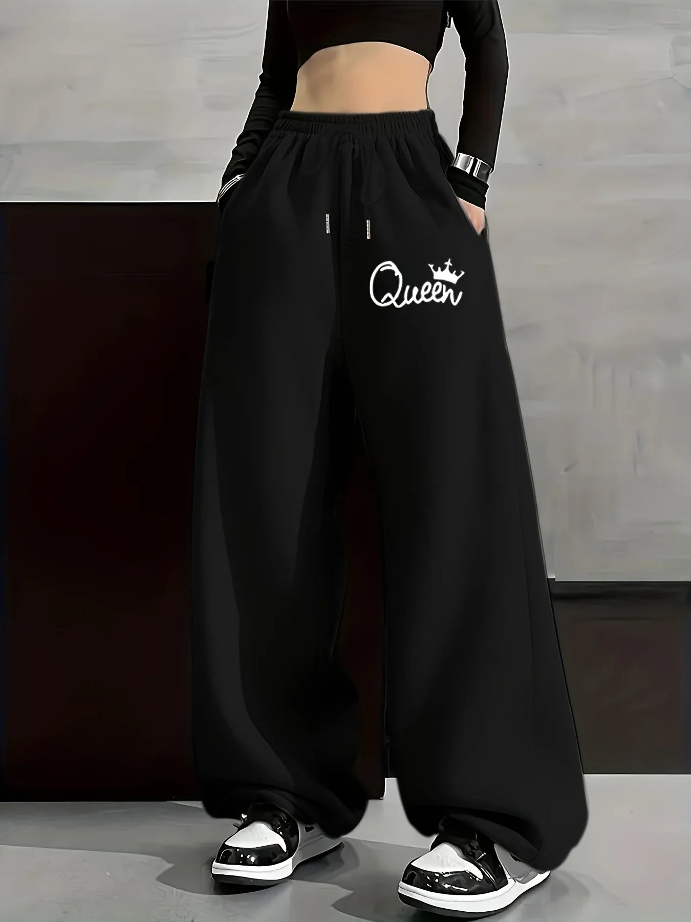 Women's Plus-size Street Style Casual Sweatpants with Personality Print Autumn and Winter Fleece Loose Fit Streetwear Oversized