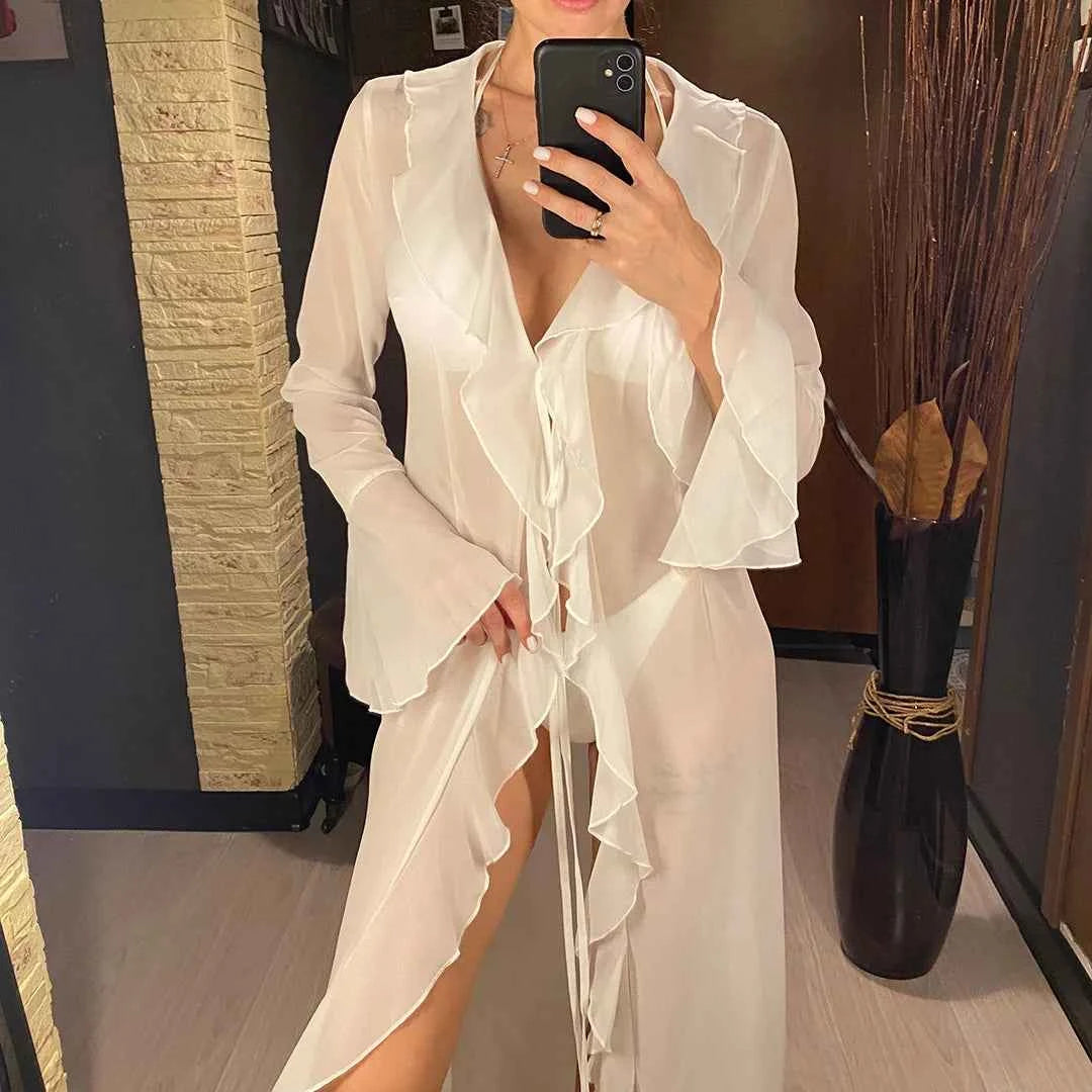 Women's V Neck Ruffled Long Sleeve Dress Chiffon Tunic Beach Cover Up Cover-ups Beach Dress Sunscreen Beachwear Vacation V5976B