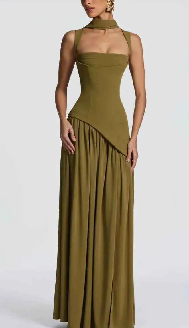 Suninheart Summer Elegant Olive Green Maxi Dress for Women Flowy Long Dress with Scarf Birthday Party Beach Graduation dress