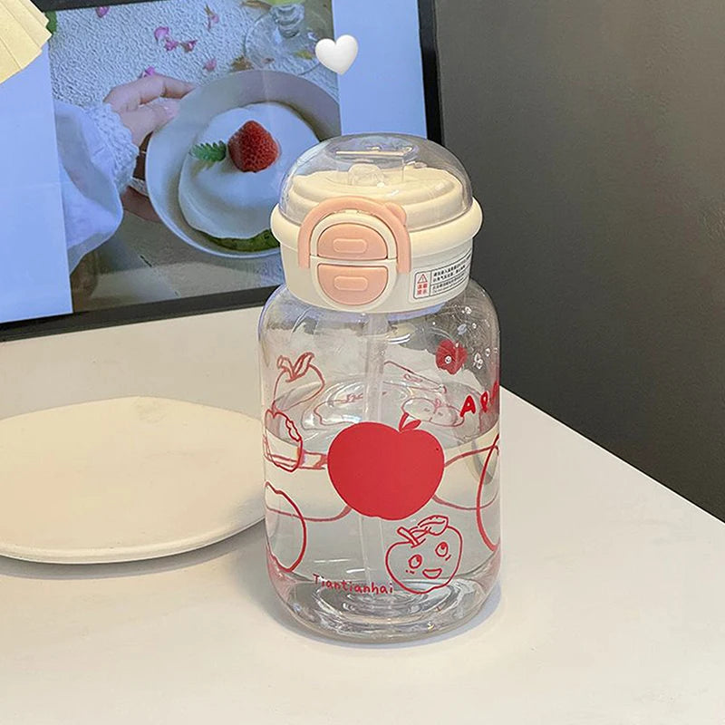 Cute Water Bottle With Straw Portable Plastic Pop-Up Cover Water Cup For Kid Kawaii Bottle Water Leak-Proof Cute Drinking Bottle