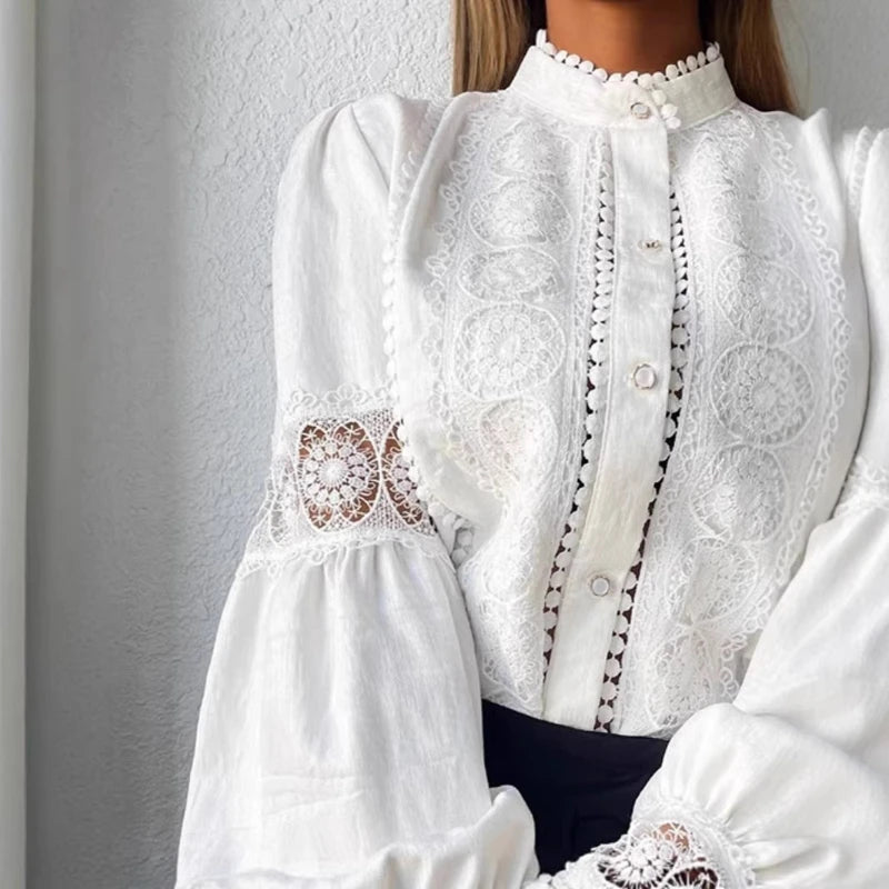 White Lace Blouses Women Elegant Solid Casual Lace and Button Hook Flower Hollow Puff Sleeves Blouse Top Lady Office Shirts
