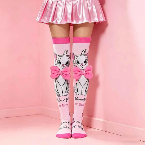 1 pair of cartoon cat girls' knee socks, playful style, high elasticity without straining their legs, with three-dimensional bow