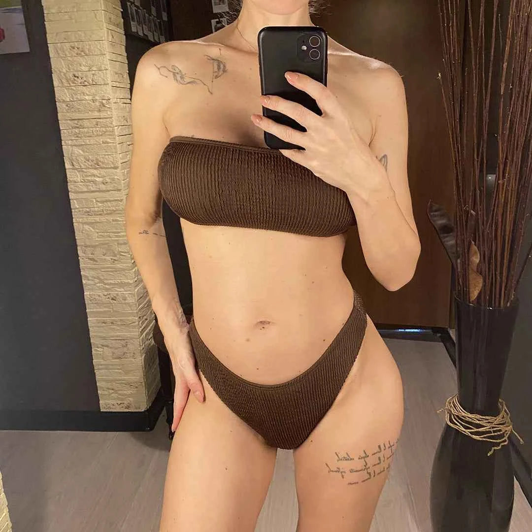 Bandeau Wrinkled Crinkled Bikini Female Swimsuit Women Swimwear Two-pieces Bikini set High Cut Bather Bathing Suit Swim V3314