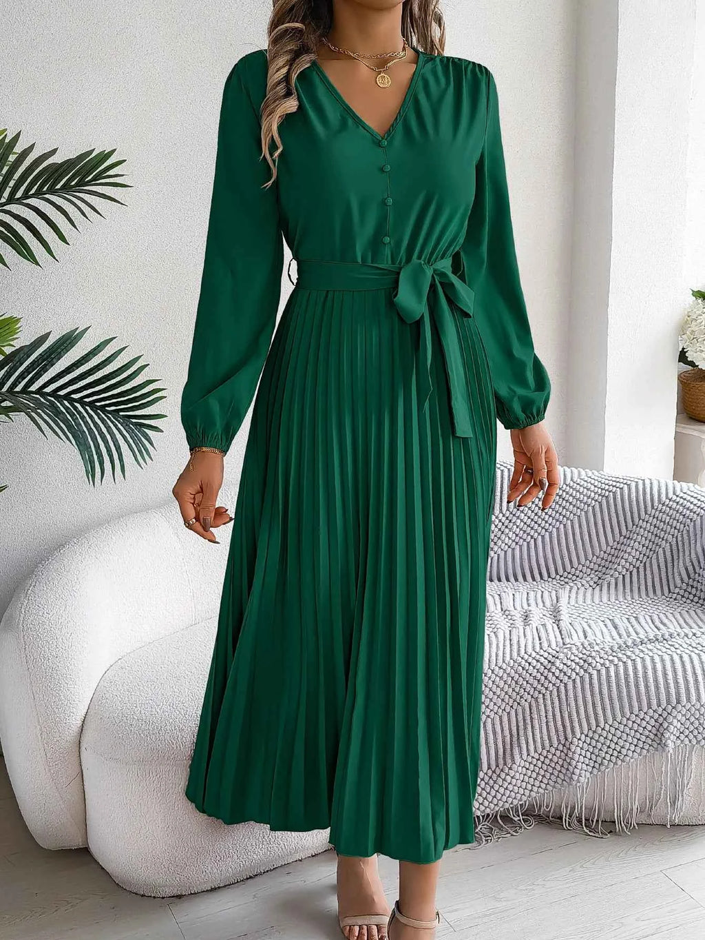 Autumn Winter Elegant V-Neck Button Belt Long Sleeved Solid Color Pleated Long Dress For Women Dresses