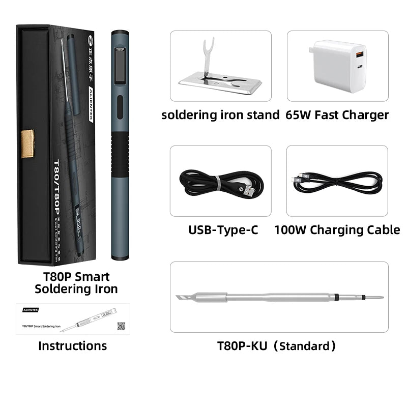 ALIENTEK T80/T80P Electric Soldering Iron Adjustable Temperature 100W Fast Heat Portable Digital Smart Welding Station C210 C245