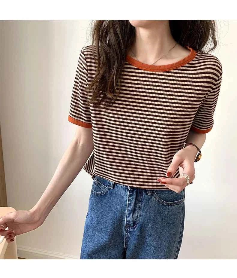 Striped Short Sleeve T-shirt Women's Summer New Korean Version Loose Retro Contrast Slim Round Neck Top Women's Fashion Casual