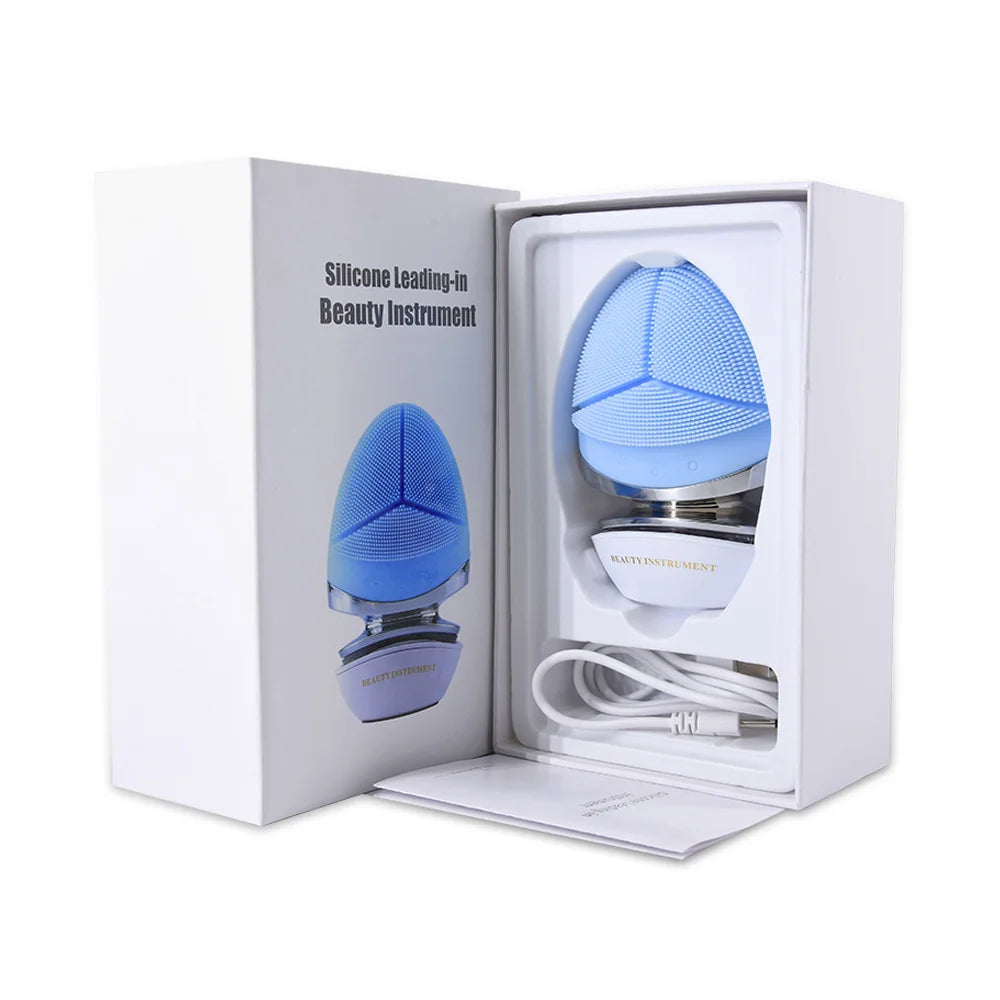 2 in 1 Electric silicone EMS LED 3 Modes Facial Cleansing Brush Introducer Beauty Device Ultrasonic Face Cleaning Massage Tool