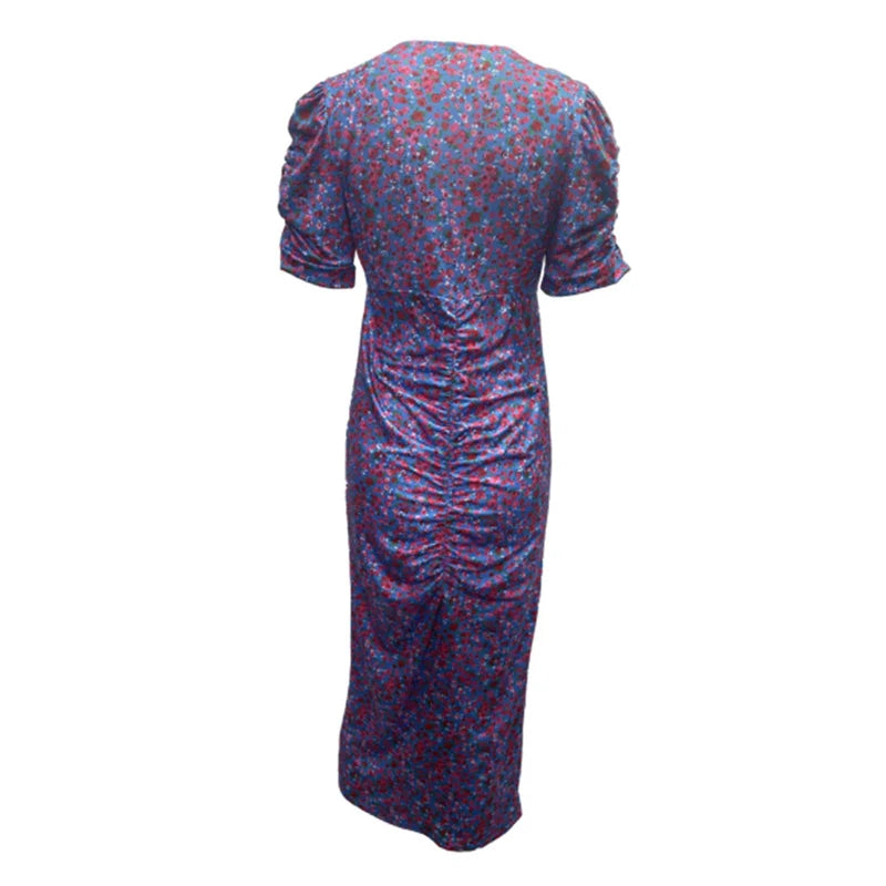 Women Bubble Short Sleeve Dresses Deep V Neck Pullover Dress Split Hem Pleated Gown Female Sweet Style Small Flower Print Frock
