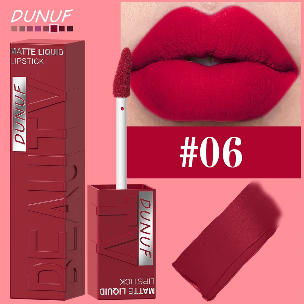 DUNUF  8-color matte velvet smooth easy-to-apply square tube lip gloss waterproof three-dimensional plumping lipstick