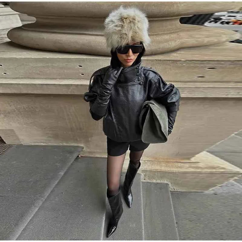 Vintage PU Leather Women's Jacket Stand Collar Zipper Button Coats Female Long Sleeve Outerwear Spring Lady Street Jackets