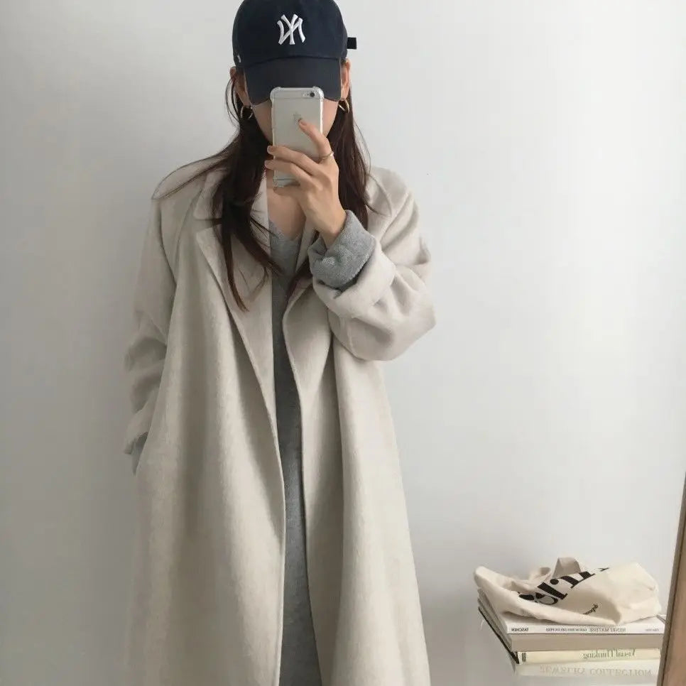 Chic Thick Warm Lapel Lace-up Pockets Loose Woolen Coat 2025 Autumn Winter New Korean Female Long Oversize Casual Women Clothes