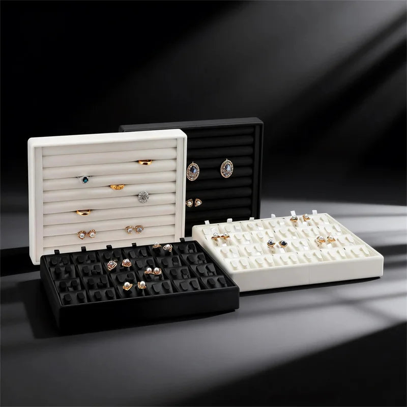 Stackable Leather Ring & Earring Tray - 25x20cm Black White Storage Box with Lid - Jewelry Organizer