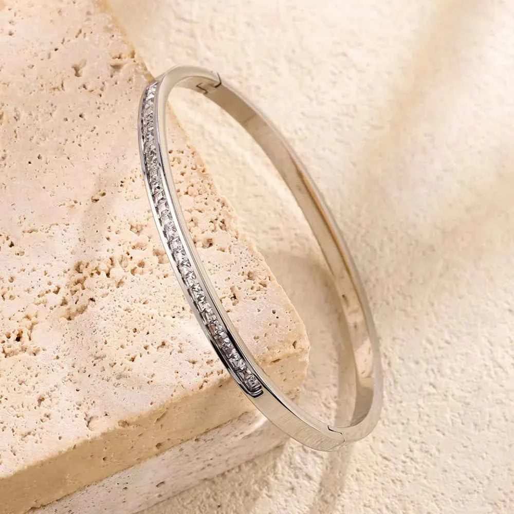 Yupsk Titanium Steel Couple's Bracelet Shiny Zircon Inlaid Stainless Steel Bangles Gold/Silver Color Female Jewelry Gift