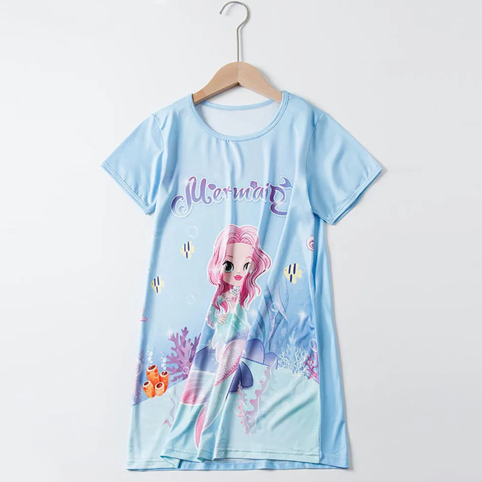 Girl Mermaid Dress Children Short Sleeve Summer Princess Dress Breathable Cartoon Print Girls Soft Silk Nightgown Kids Sleepwear