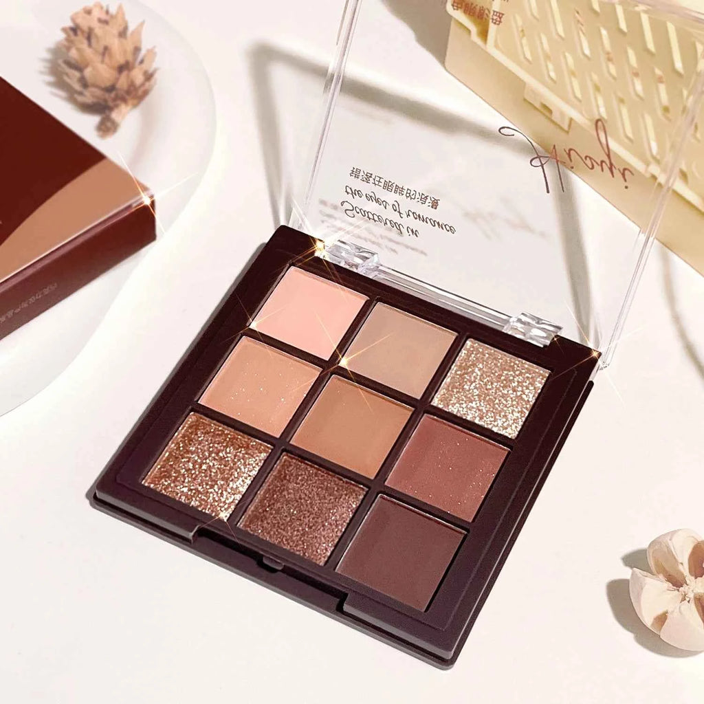 Mocha Chocolate Eyeshadow Palette - 9 brown, nude and gold shades in matte, natural and shimmer finishes, perfect for music fest