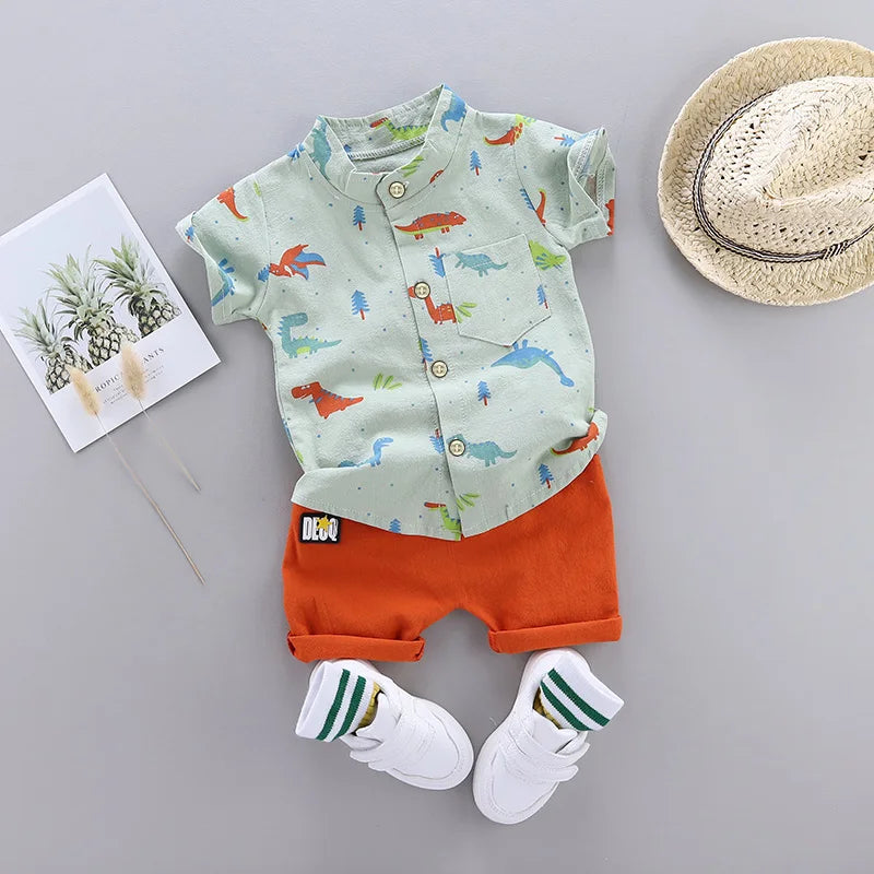 2PCS Children's Summer Cartoon Little Dinosaur Print Outfit with Standing Collar Shirt And Matching Shorts Set