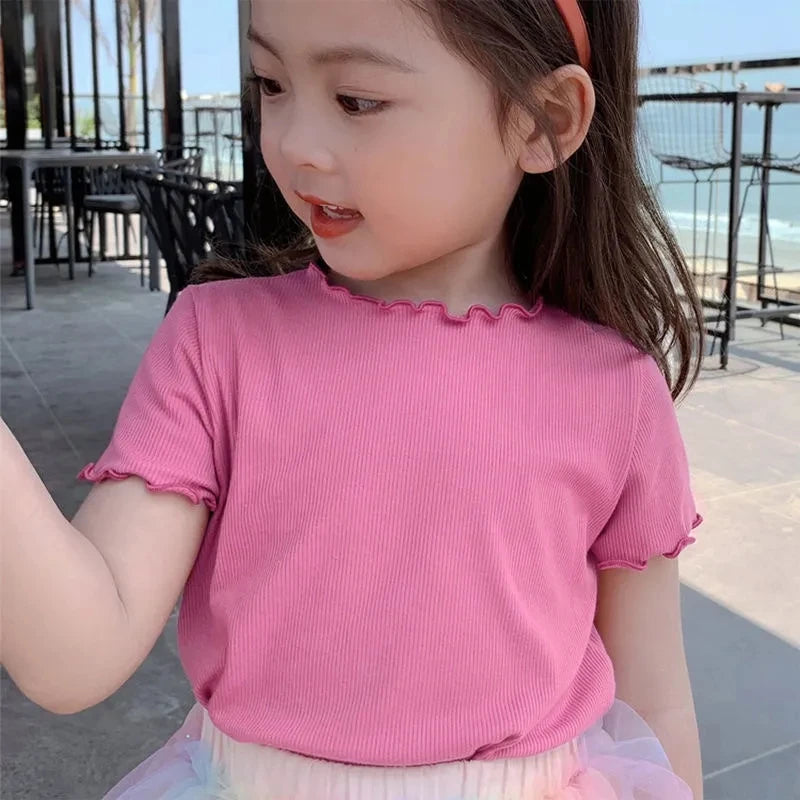 Girls' Casual Ice Silk Short-Sleeve T-Shirt, New Korean Style Children's Ruffled Top, Solid Color, Simple and Versatile