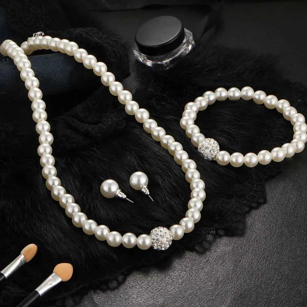 3 PCS Imitation Pearl Fireball Necklace Bracelet Earring Stud Jewelry Set Silver Color Crystal Stone Elegant Bridal Jewelry Gift