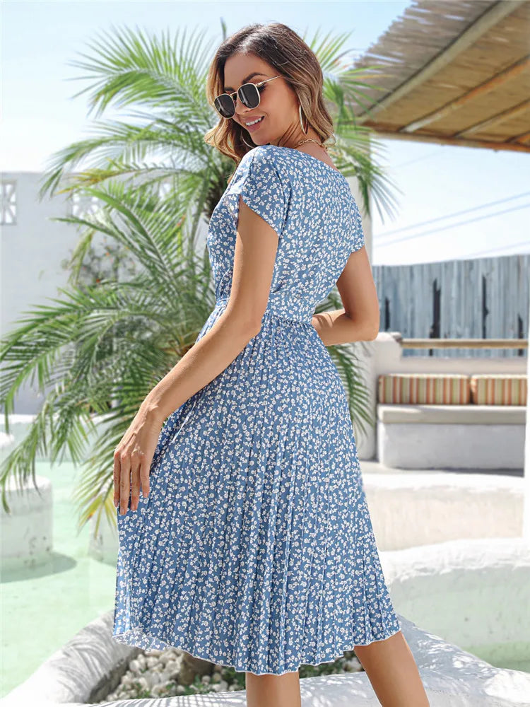 Msfilia Summer Print Pleated A Line Long Dress Women Short Sleeve High Waist Spring Round Neck Chic Dress with Belt