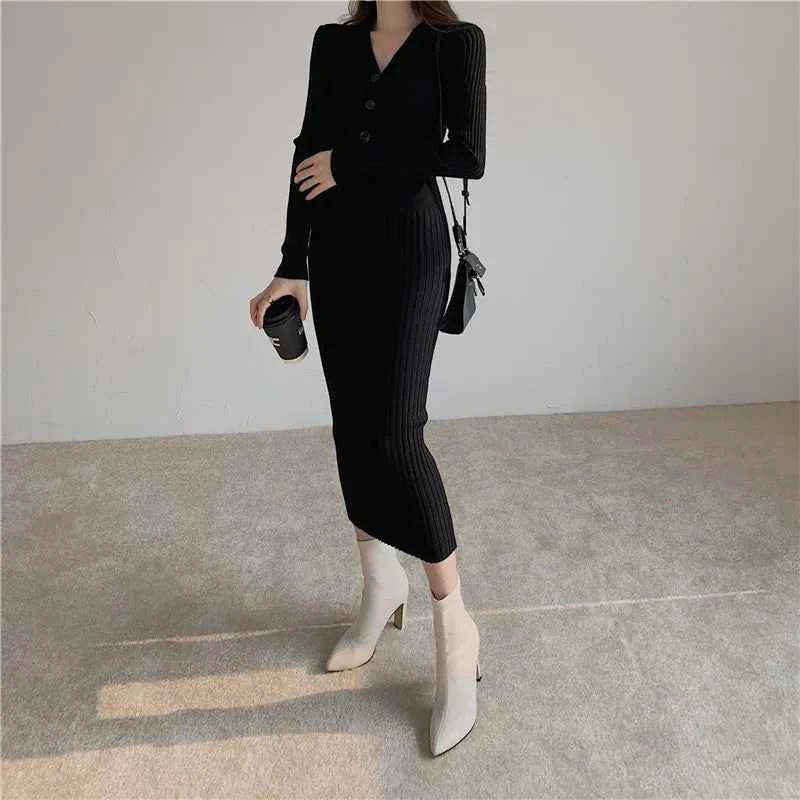 Autumn Winter Sweater Dress For Women 2024 New Arrivals Buttons Up V Neck High Waist Long Knitted Dress Korean Maxi Dresses