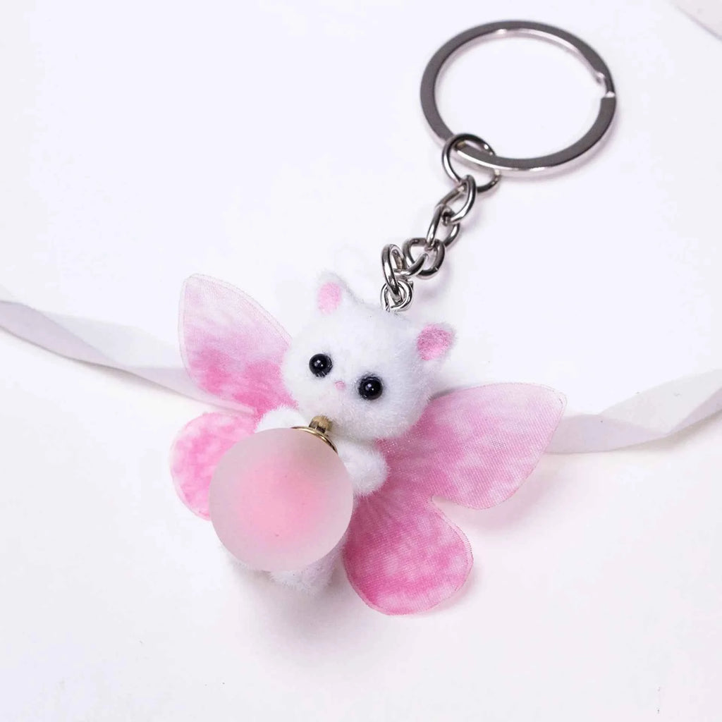 Adorable Flocking Cat Keychain - Butterfly Wing Design, Cute Bag/Car Charm, Perfect Gift for Cat Owners & Pet Lovers