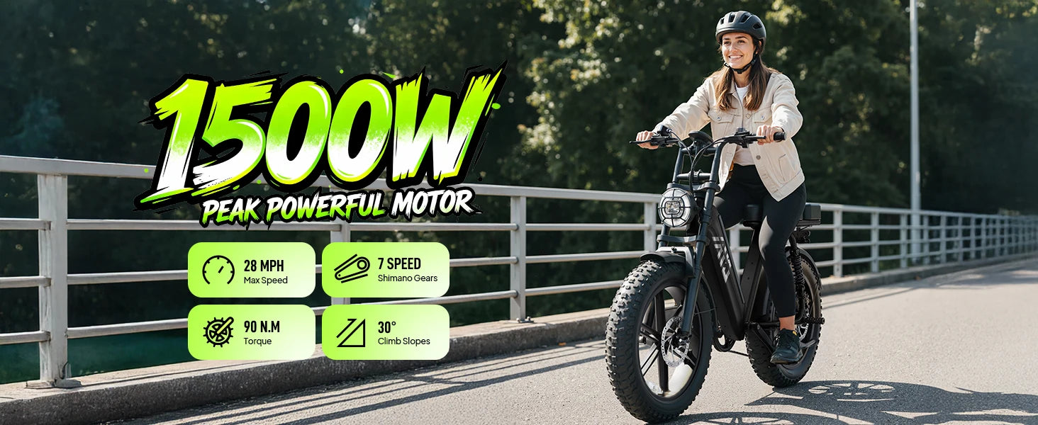 TST R00C 1500W Electric Bike, 48V 15Ah, 28 MPH, 50-60 Miles Range, 20" Fat Tires, Rear Seat